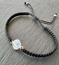 Armband Mondstein rund 9 mm Silber 925 Sterlingsilber Baumwolle geflochten