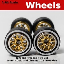 10/10mm Gold/Chrome 10 Spoke Whiteline Treaded rubber tire set. for Hot Wheels