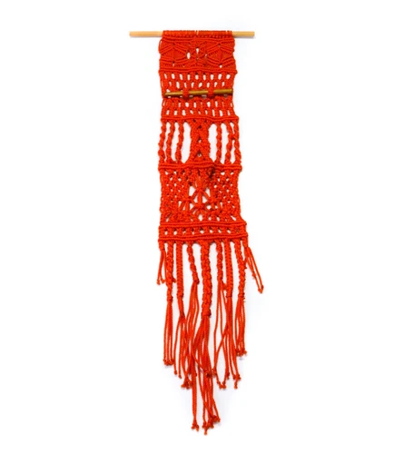 1970's Red Orange Macrame Wall Hanging Wooden Nylon Handmade Vintage