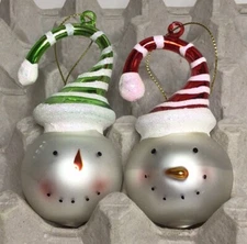 Snowman Head With Striped Hat Ornaments Glass Set Of 2