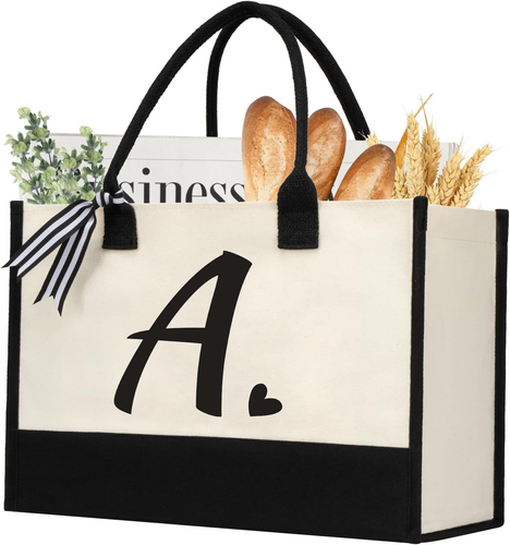 Initial Canvas Tote Bag, Personalized Beach Jute Bag Present for Women Holiday,F