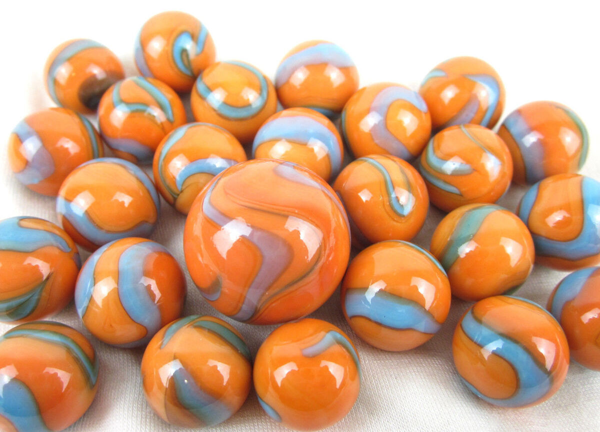 25 Glass Marbles SEAHORSE Orange/Blue Classic vtg Style Game Pack