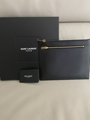 Authentic YSL Saint Laurent Double Zip Pouch Clutch Bag Black