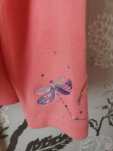 Quacker Factory Salmon Pink Knit 1-Pc Tank+ Cardigan Sweater L Dragonflies Bling - Picture 9 of 11