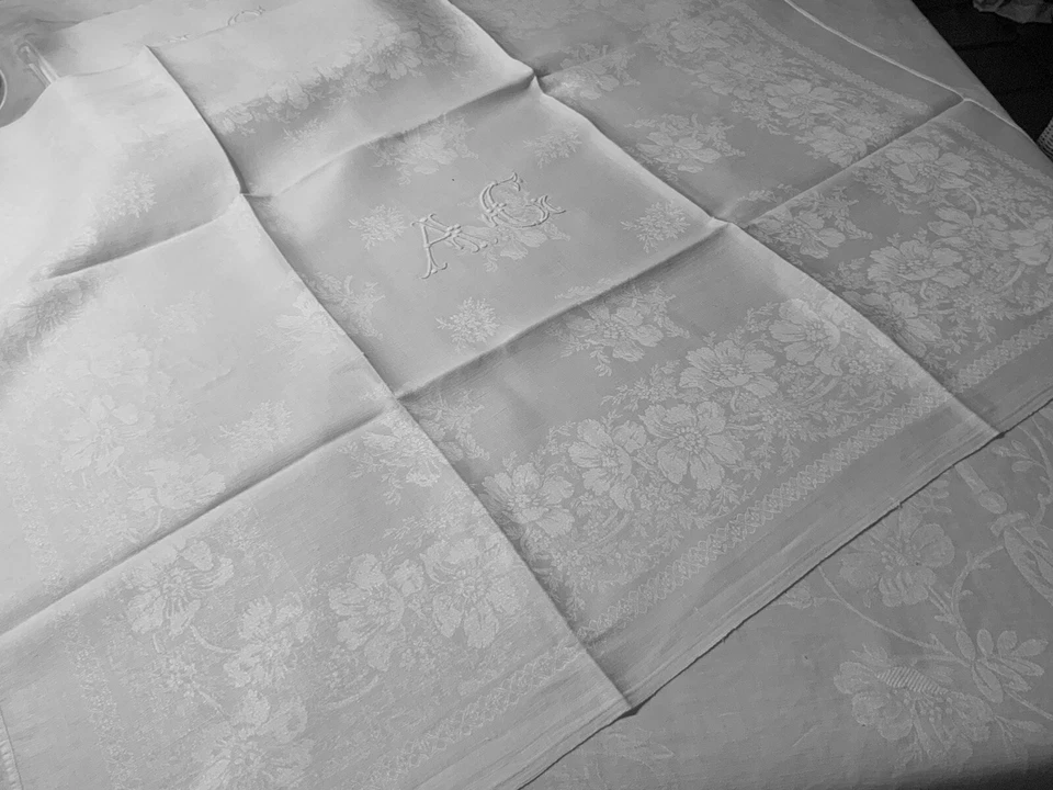 Linge Ancien 6 Grandes Serviettes DE MARIAGE Damassé De Soie Monogrammes AC - Photo 3/4
