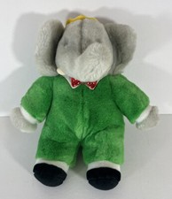 1988 GUND Babar the Elephant Plush Stuffie Toy Rattle Green Suit and Crown 10"
