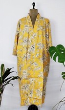 Indian Yellow Floral Cotton Robe Long Kimono Sleepwear Night Suit Kimono Robe US
