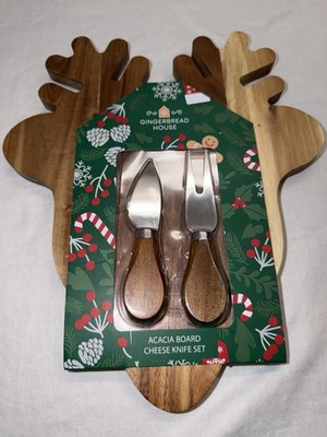 Gingerbread House Acacia Cheese Knife Set Christmas Board Brown Silver