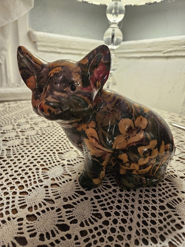 Vintage 1990s Decorative Floral Ceramic Pig Decoupage Figurine Statue