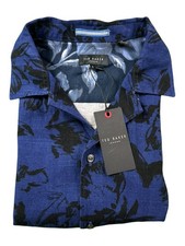 Ted Baker Blue Black Floral Visose Linen Blend S/S Button Front Size L NWT