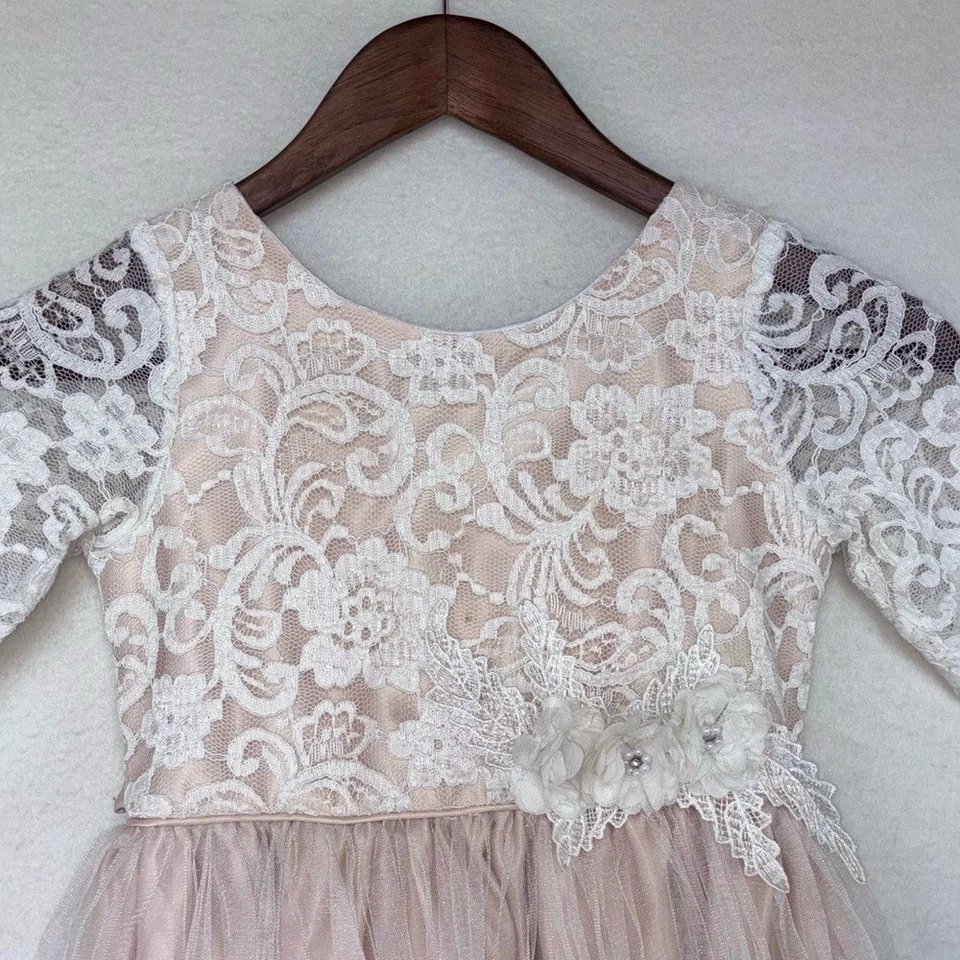 SWEET KIDS Vestido de Encaje Rubor Niña Flor Rosa Lazo Pascua Giro Blanco Tul Foto 3 de 4