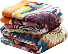 Colorful Boho Cotton Throw Blanket 90"x98" - Soft Vintage Woven Quilt