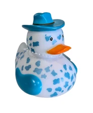 "FAB FINDS" BLUE COWBOY HAT COW PRINT RUBBER DUCK 4" NEW GREAT FOR JEEP GIVING!
