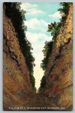 Vintage P.C.C. & St. L. Railroad Cut Postcard Madison Indiana Linen