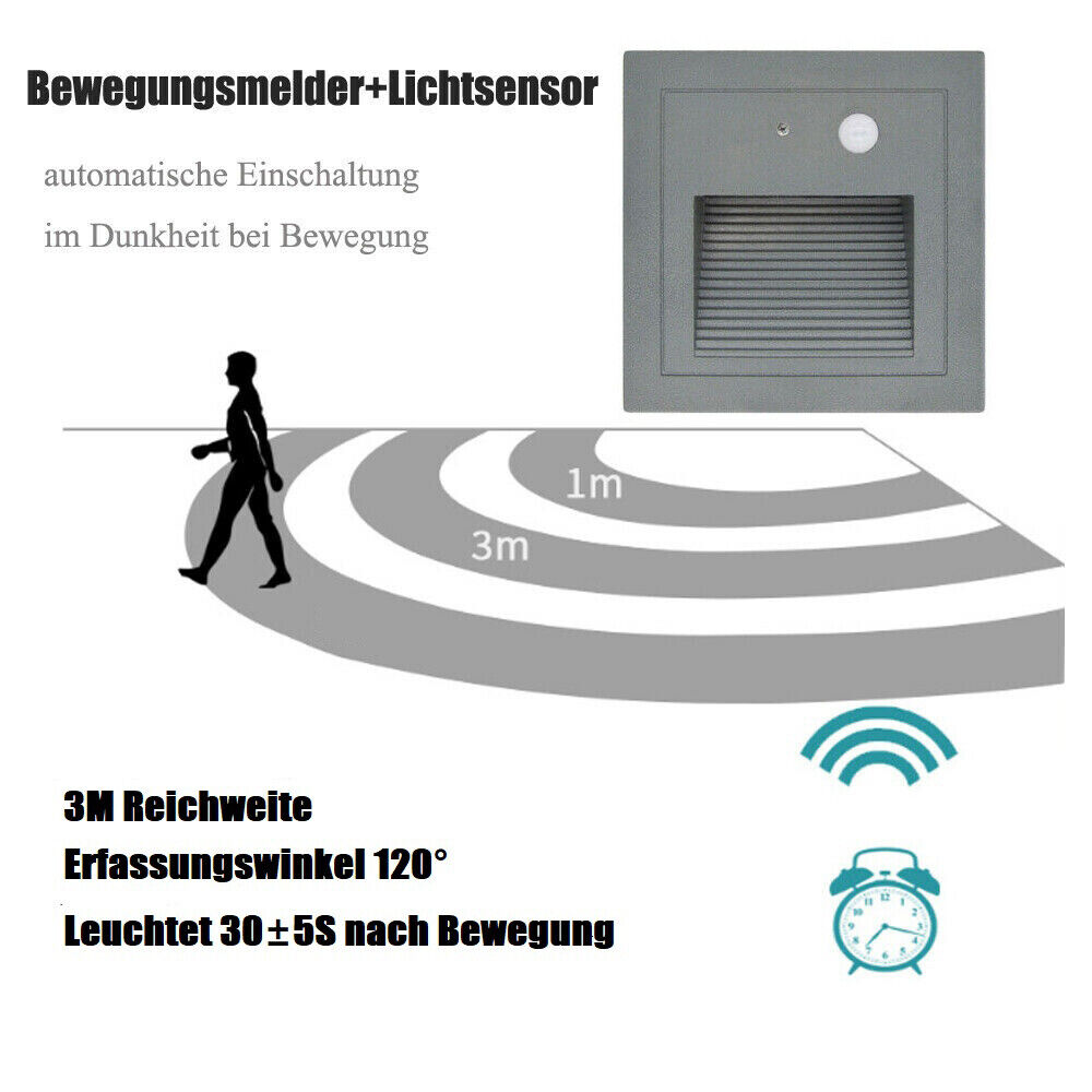 3W 230V LED Ściana Wpuszczane Światło Schody Lampa Krok Light Detektor ruchu Alu Nowa krajowa
