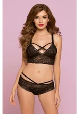 Til Midnight Rose Galloon Lace Bralette & Pantie Lattice Back Lingerie Large Blk