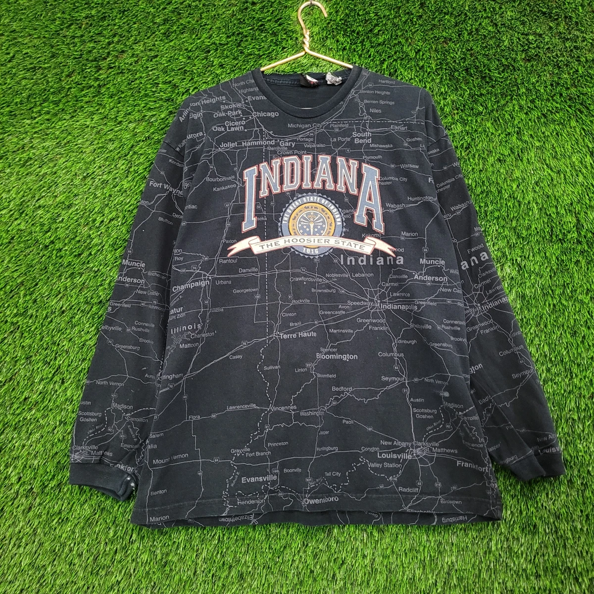 Vintage 90s Indiana-Hoosier Map Shirt Mens XL Black All-Over-Print AOP