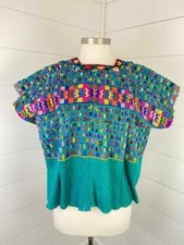 Vintage Guatemalan Huipil Poncho Textile Handwoven Fabric Embroidered Green