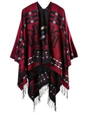 Women's Shawl Wraps Open Front Poncho Cape One Size Series 3-geometry Red
