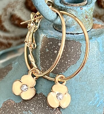 Beautiful Cream Color Flowers on Gold Lever Back Hoop 