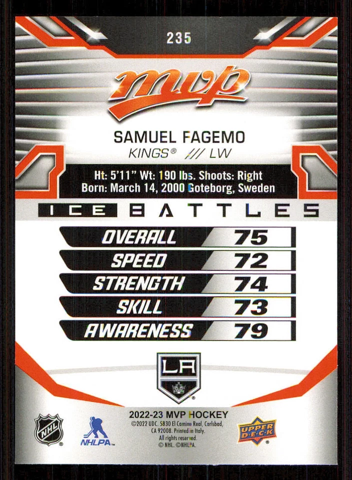 2022-23 Upper Deck MVP Ice Battles #235 Samuel Fagemo SP - Image 2 of 2