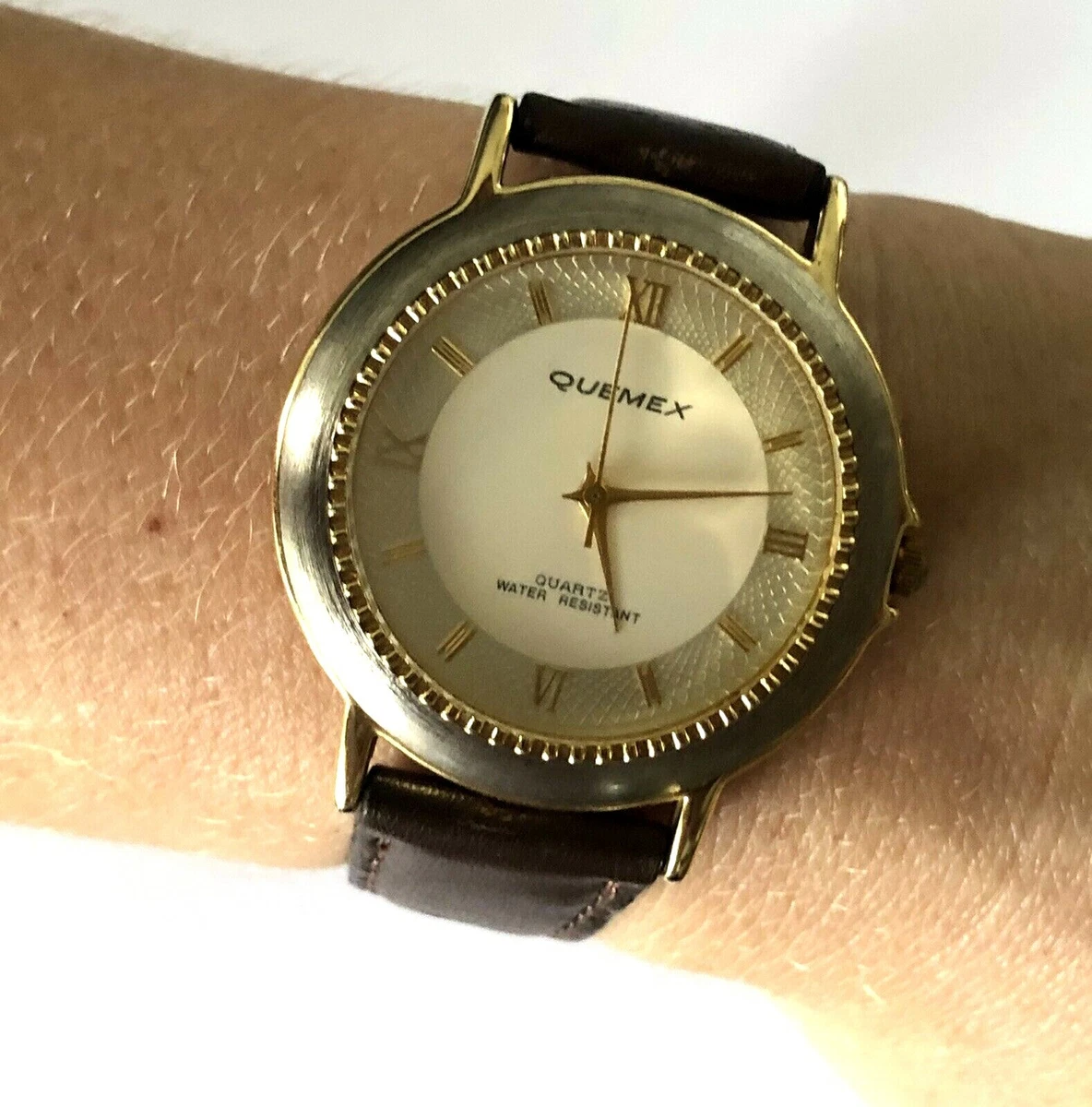 Quemex Quartz Japan Movt Watch Runs New Battery Brown Band