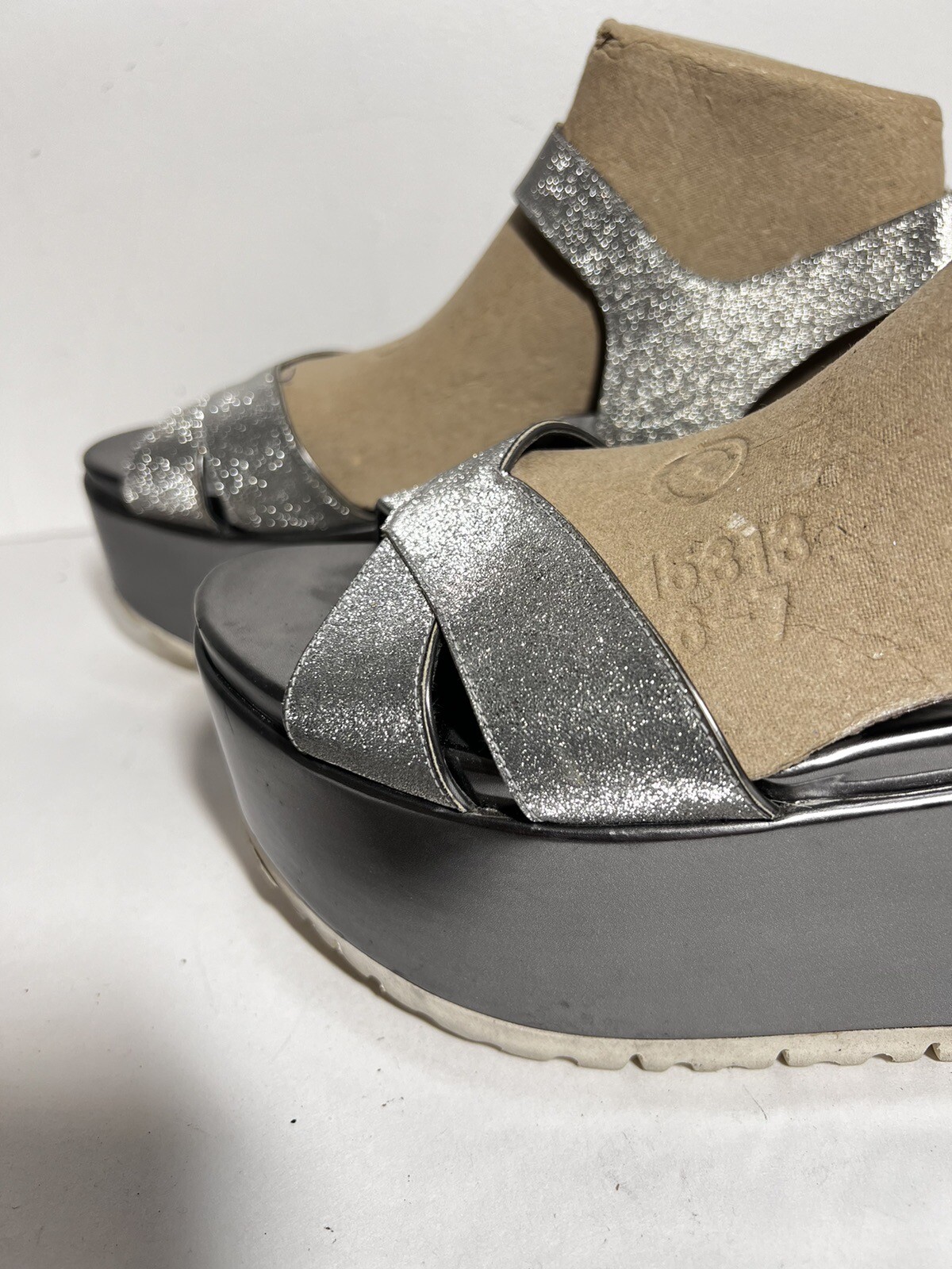 Stuart Weitzman EUC Silver Glitter Crosspath Flat… - image 2