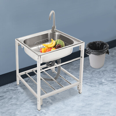 Commercial Single Bowl Stainless Steel Hand Wash Sink Basin Freestanding &Faucet