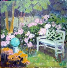 oil painting Garden Rest Floral landscape original P. Hamilton   12x12