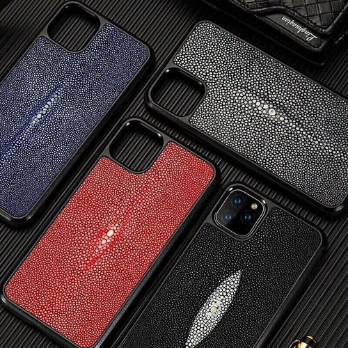 Genuine Real Stingray Leather Case Pear Fish Skin Cover For iPhone 16 15 Pro Max - Picture 4 of 18