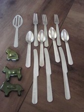 Vintage 1960's 14 pc Aluminum Child Kitchen Play Set Flatware Cookie Cutters