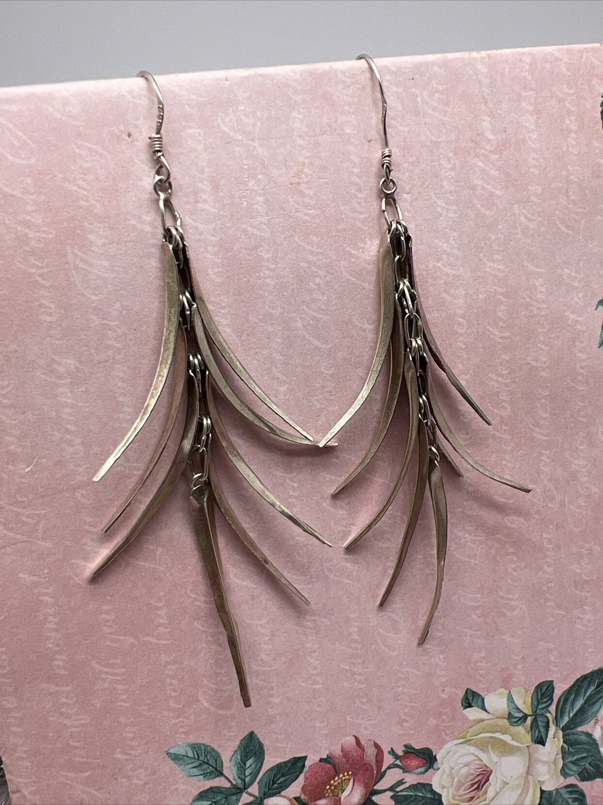 Signed 925 Sterling Silver Dangle Drop Hook 4” Ea… - image 1