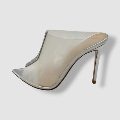 Gianvito Rossi Women's Silver Trapst Transparent Mule Heel Shoes Size 35