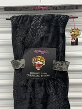 Ed Hardy Oversized BLK Plush Throw Blanket Embossed Tiger Tattoo Art 60" x 70"