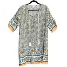 Halife Boho Floral Shift Dress Tunic Multicolor Tassel Size Medium Knee Length