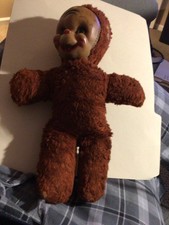 Vintage 50s Rubber Face Plush Toy Creepy Cute Doll Monkey Brown 9in No Ears