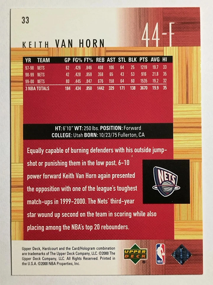 2000-01 Upper Deck Hardcourt #33 Keith Van Horn - Image 2 of 2
