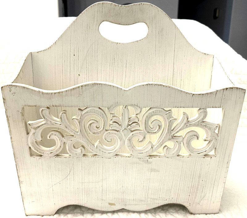 Vintage Decorative Wooden Magazine Rack Distressed Finish With Carved Scrollwork