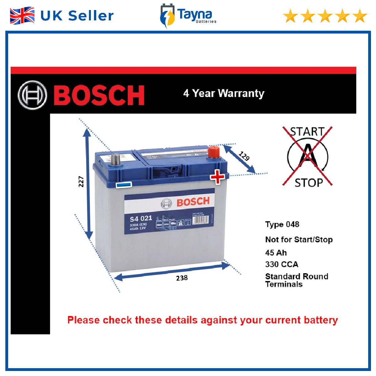 Battery fits PIAGGIO PORTER M500 APE QUARGO 1.0 1.3 1.2D 1.4D Bosch 048