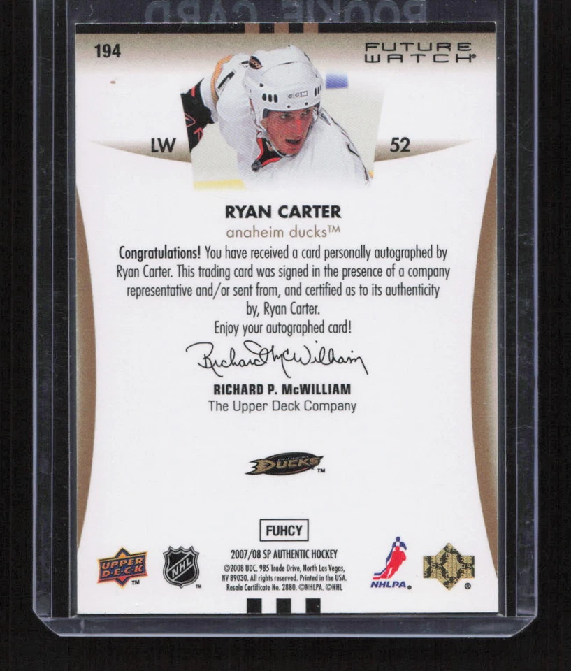 Ryan Carter 2007-08 SP Authentic #194 Anaheim Ducks Future Watch Auto /999 - Image 2 of 2