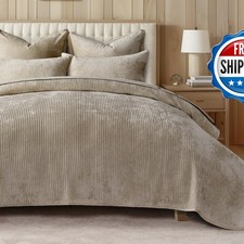 EverGrace Striped Channel Velvet Quilt Set, Queen Size, Urban Taupe