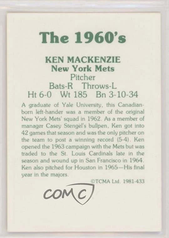 1981 TCMA The 1960's Ken Mackenzie #1981-433 - Image 2 of 2