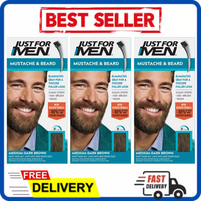 3 Pack Just For Men Mustache & Beard Dye M-40 Medium Dark Brown w/ Brush