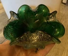 Vintage Italian Murano Green Art Glass Cigar Ashtray Trinket Dish w/Silver Fleck