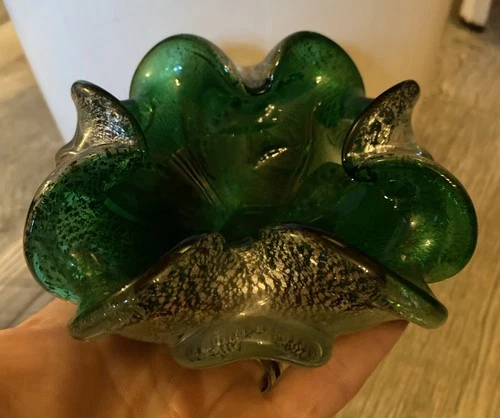 Vintage Italian Murano Green Art Glass Cigar Ashtray Trinket Dish w/Silver Fleck