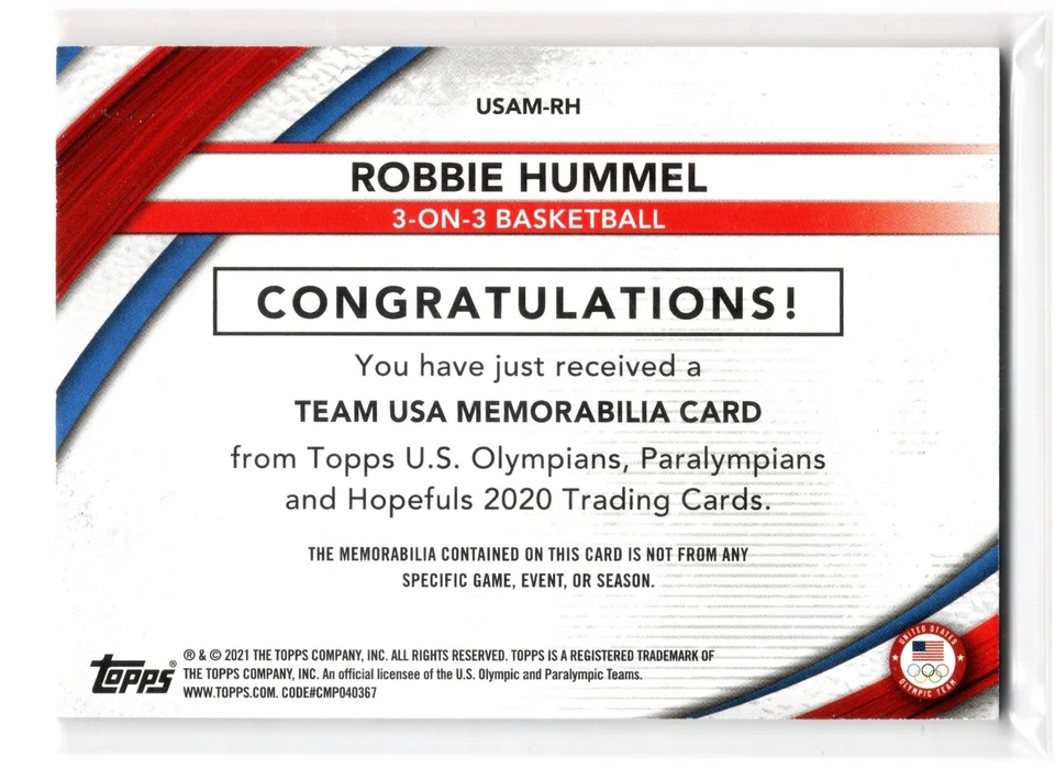 Robbie Hummel 2021 Topps U.S. Olympic Team USA Memorabilia Piece #USAM-RH Relic - Image 2 of 2