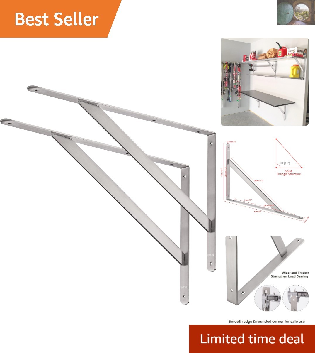 20-Inch Stainless Steel Shelf Brackets - 2pcs Set Holds 550lb - Versatile & Durable