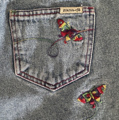 ZANA-DI Vtg 90s Jean Shorts Embroidered Butterflies Rainbow Stitching Junior 11 - Bild 11 von 11