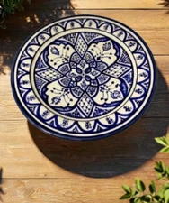 WARDA Blue Moroccan 13.5” Terracotta Platter – Hand-Painted Serving Dish Art