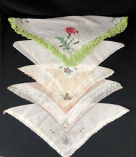 Lot 5 Pretty Vintage Cotton Hankies Square Embroidered Flowers Crochet edge